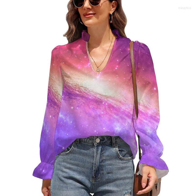 

Women's Blouses Women's & Shirts Colorful Purple Galaxy Blouse Watercolor Stars Print Chiffon Summer V Neck Long-Sleeve Office Work, Style-2