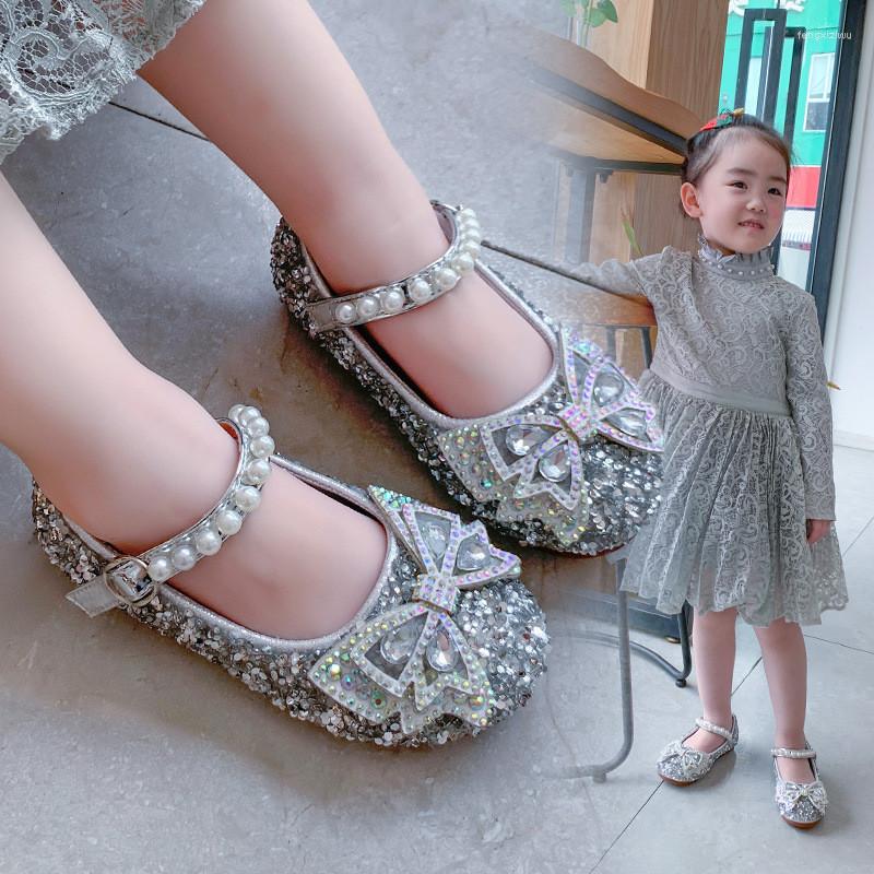 

Flat Shoes Sequined Crystal Children Little Girl Princess For Wedding Party Kids Single Gold Silver Chaussure Fille 2-12T