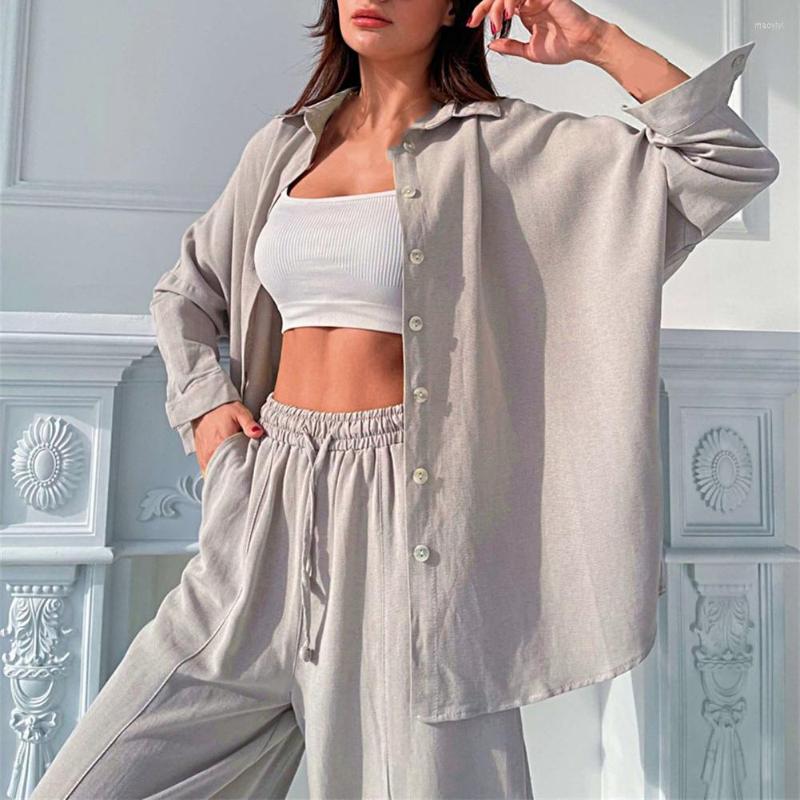 

Women' Two Piece Pants 1 Set Sporty Outfit Loose Casual Cotton Blend Long Sleeve Solid Single-Breasted Top Lace-Up Trousers Women For Daily, Green