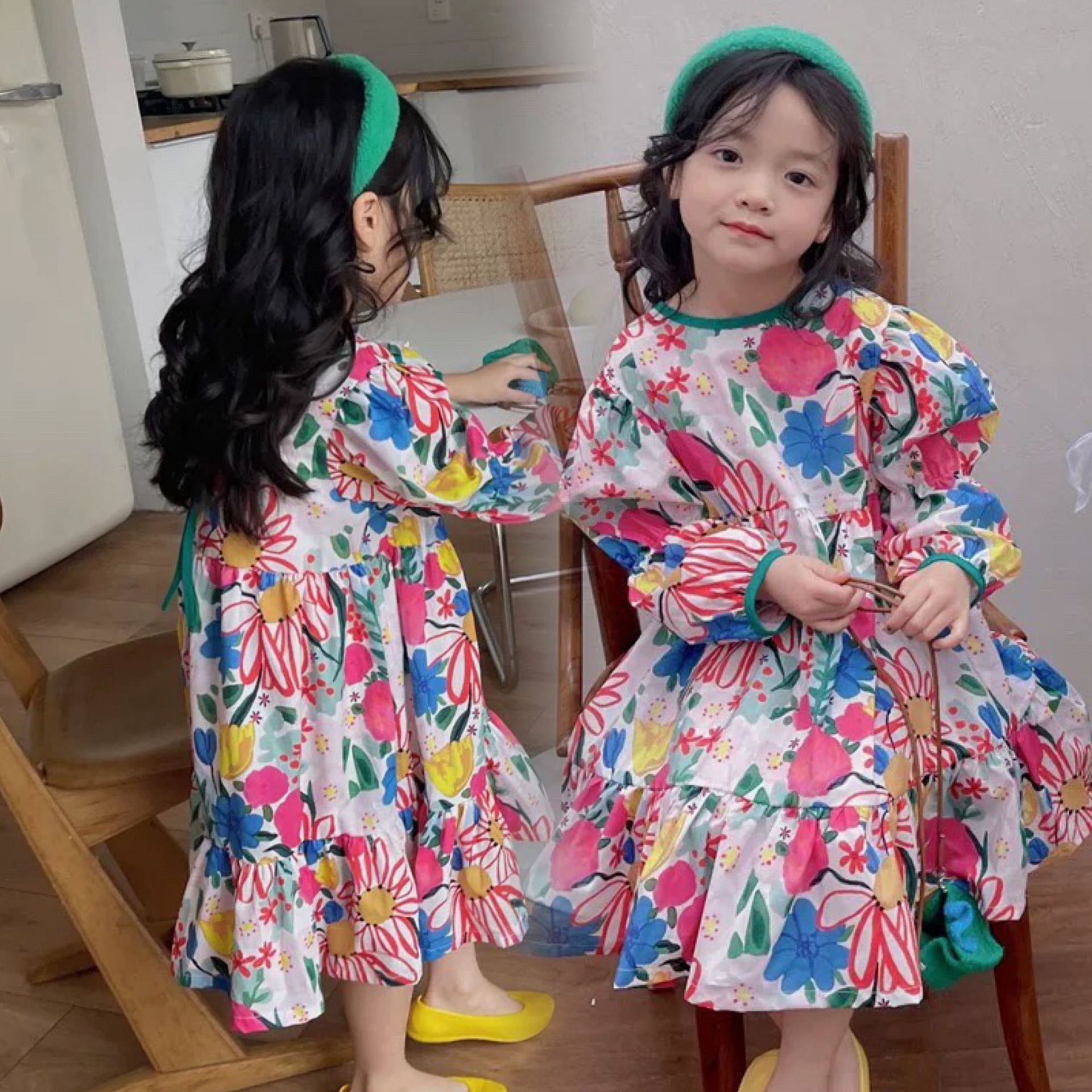 

Sweet Girls floral printed falbala dresses kids round collar puff sleeve princess dress autumn children clothes Q9022, Customize