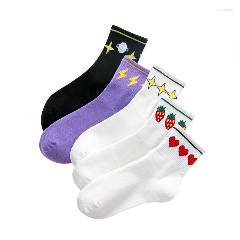 

Women Socks Long Strawberry Love Girls Cotton White Thread Mouth Tube 3 Pairs / Lot 6pieces, Black