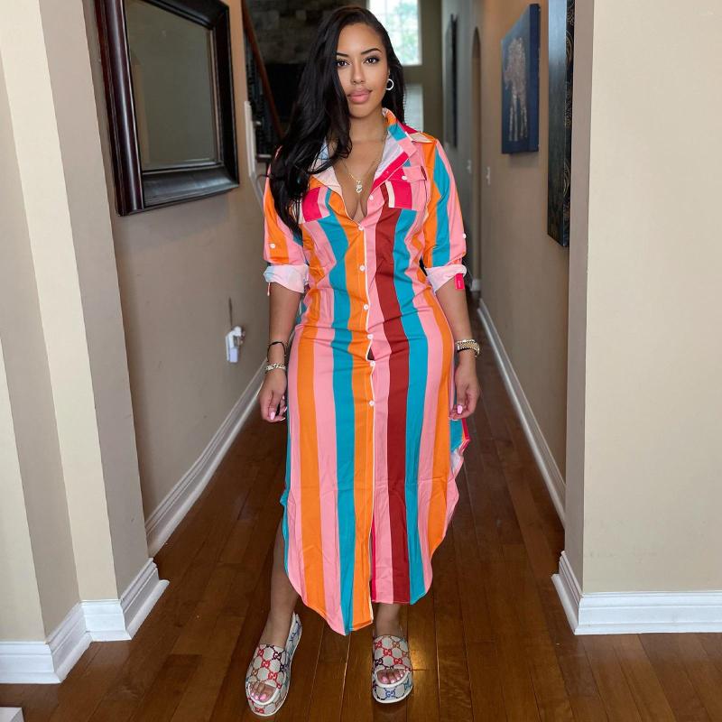 

Casual Dresses Long Shirt Dress Autumn Women Sleeve Maxi Laides Turn-down Collar Office Sundress Robe Longue, Pink