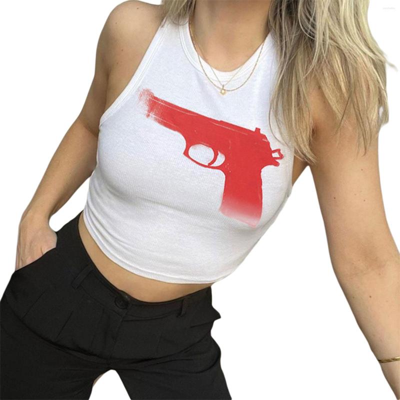 

Women' Tanks Ladies Midriff-baring Tank Top Summer Autumn Women Creative Pistol Printing Sleeveless Round Collar Slim Tops, White