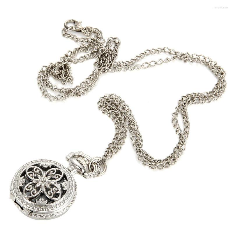 

Pocket Watches Fashion Vintage Women Quartz Watch Alloy Hollow Out Flowers Lady Girl Sweater Chain Necklace Pendant Clock Gifts ENDQ, Silver