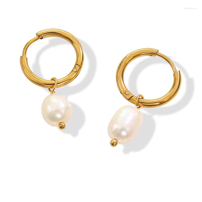 

Stud Earrings Titanium Steel Plated 18k Gold Circle Freshwater Pearl Advanced Sense Light Luxury French