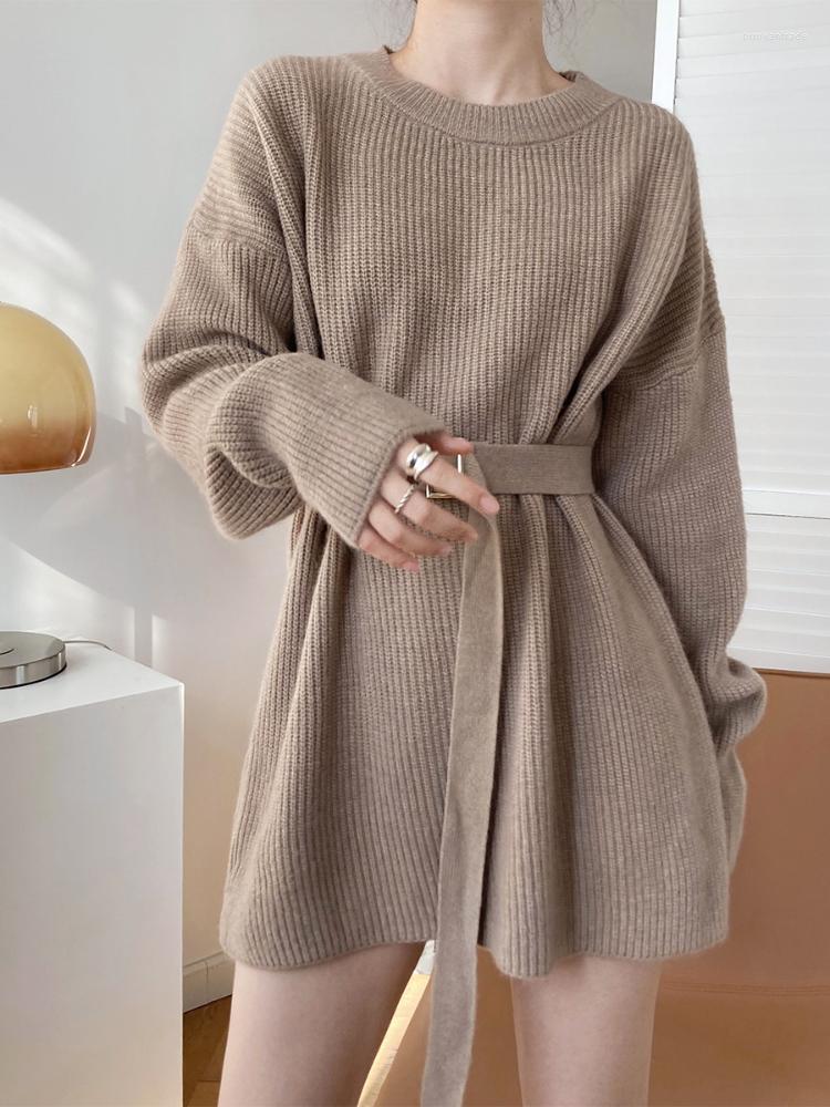 

Casual Dresses Autumn/winter Mid-length Sweater Dress Hedging Thickened Lazy Waist Round Neck Bottoming Knitted Skirt, Black