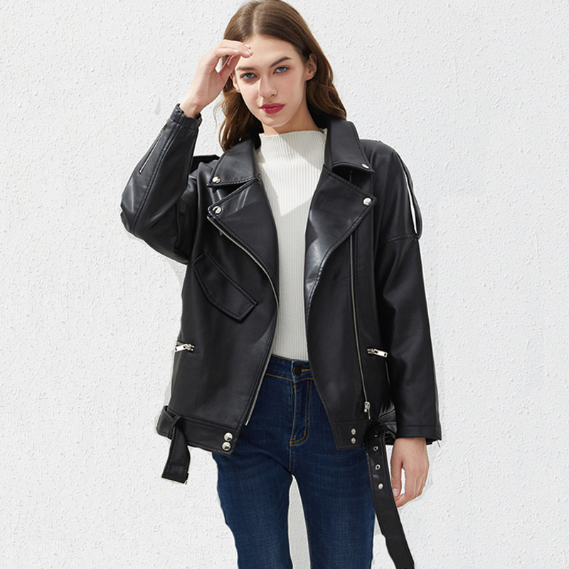

Women's Leather Faux Leather Spring PU Faux Leather Jacket Women Loose Casual Biker Jackets Sashes Female Black Outwear Street Wear Fashion 220930