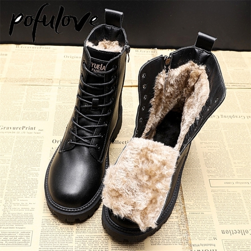 

Boots Pofulove Winter Women Shoes Black Leather Fur Ankle Booties Velvet Plush Warm Platform Fashion Designer Botas 221006