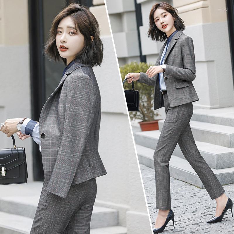 

Women' Two Piece Pants High-quality Professional Wear Women' Fashion British Wind Overalls Small Suit Femininity Formal Lattice, Gray plaid