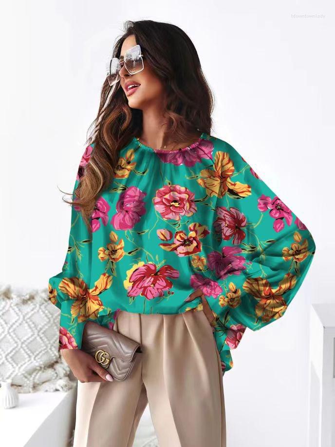 

Women' Blouses 2022 Autumn Chiffon Women' Shirt Print O-neck Batwing Sleeve Long Loose Shirts Female Elegant Fashion Ladies Clothes, Green