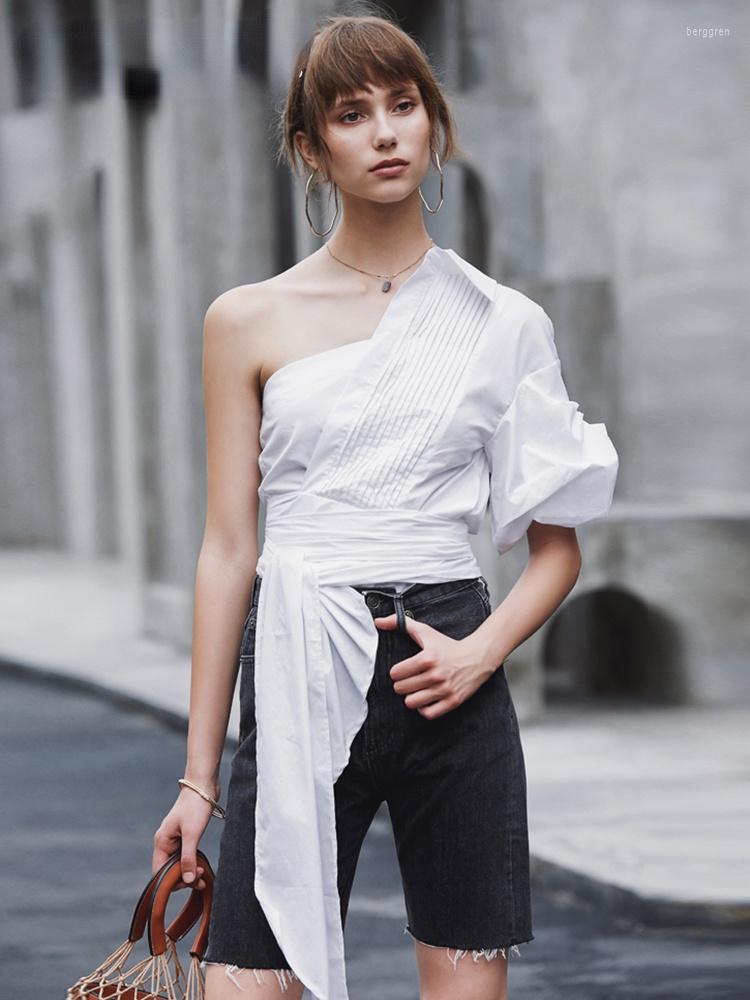 

Women's Blouses Asymmetrical Female Clothing Style Slim For Women Skew Collar Puff Sleeve Off Shoulder Pullover Shirt White