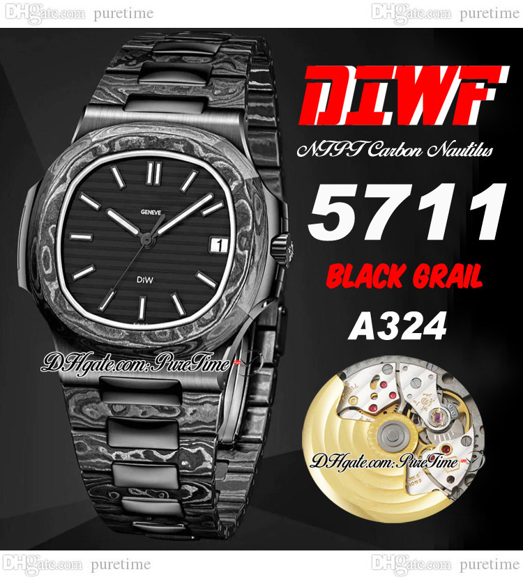 

DiW 5711 Black Grail A324 Automatic Mens Watch NTPT Crafts Carbon Fiber Black Stick Dial Ultra Thin DLC Stainless Steel Links Bracelet Super Edition Puretime A1