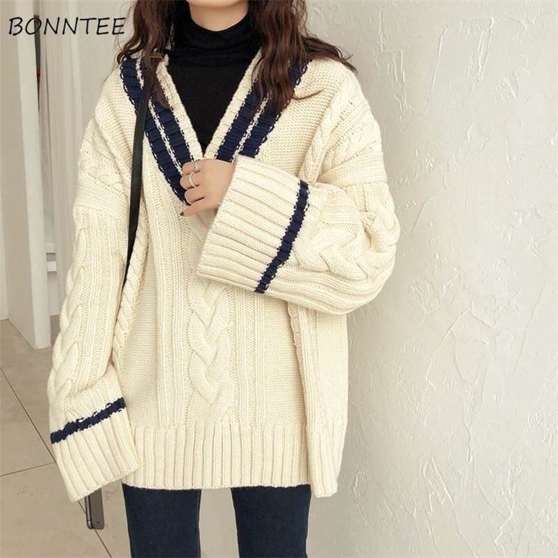 

Women' Sweaters Sweaters Women Korean Patchwork Design V-neck Thicker Soft Winter Fall Vintage Flare Sleeve Lady Knitwear Preppy Femme Pullovers 221006, Aoricot