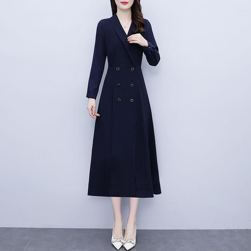 

Casual Dresses Hepburn Style Suit Collar Dress Women's Autumn 2022 French Retro Slim Professional Fashion Double Breasted Robe H2189, Navy