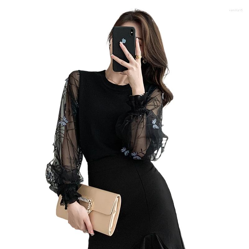 

Women's Blouses Spring Autumn Women Mesh Embroidery Stitching Knitted Shirts Loose Elegant Bottoming Casual T8540, No1