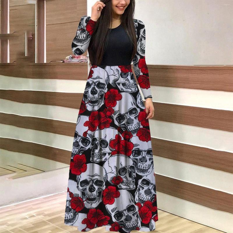 

Casual Dresses Women Skull Rose Print Patchwork Long Dress Autumn Sleeve O-Neck High Waist Robe Ladies Boho Beach Maxi Sundress, Blue