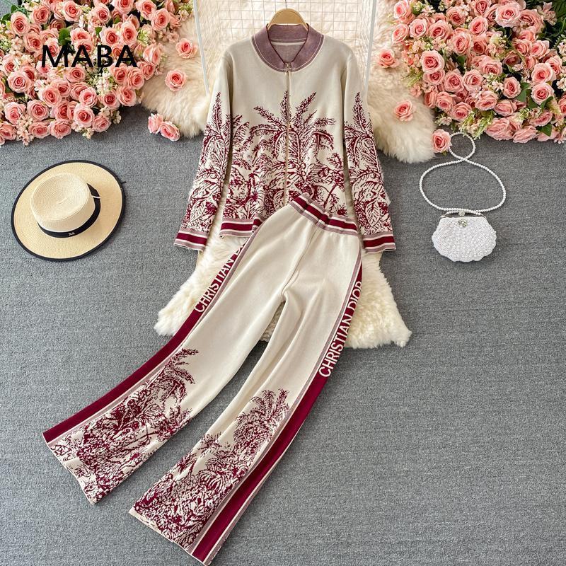 

Women's Two Piece Pants Men's Tracksuits Elegant Print Knitting Wide Leg Pants 2 piece Set Women Autumn Winter Loose Zipper Cardigan Jacket high Waist 221006, Red