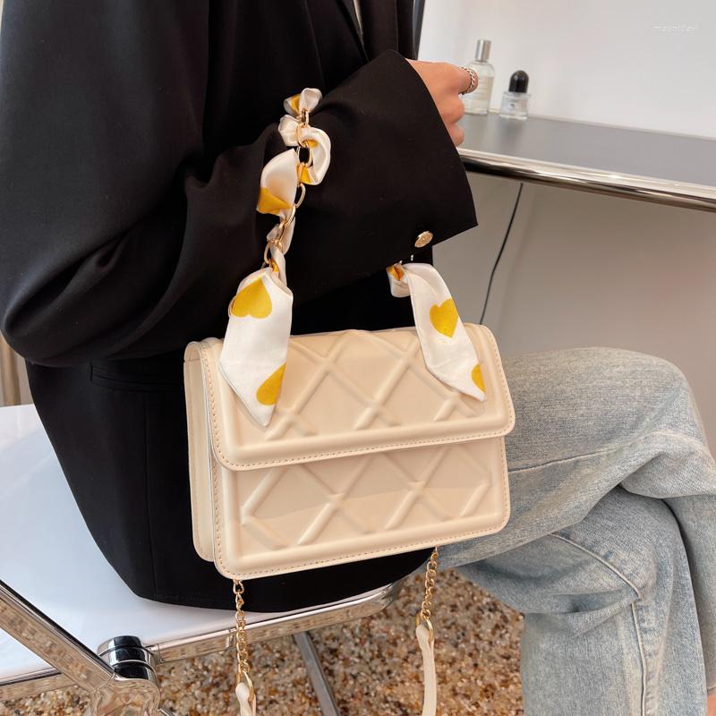 

Evening Bags Fashion 2022 Women's Buckle Silk Scarf PU Leather Messenger Bag Handbag Chain Shoulder Mobile Phone, Beige