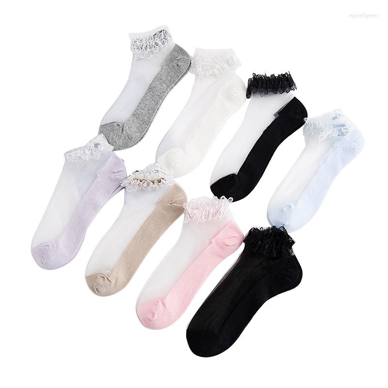 

Women Socks 6pieces 3pair/lot Fashion Summer Cotton Bottom Lace Crystal Glass Silk Breathable Stocs Ladies, Black