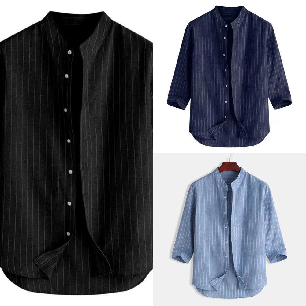 

2022 Plus Size Men Clothes Stripe Youth Stand Collar Linen Blouse Men's Shirt T Shirts Street Wear Tops Blouses -4XL, Deep blue