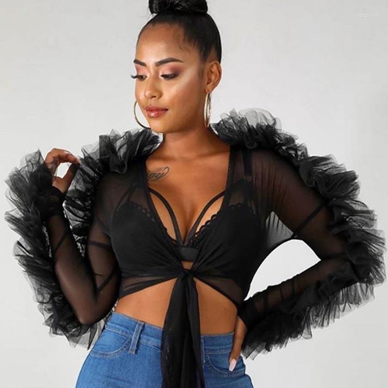 

Women' Blouses Women Mesh Sheer Blouse Sexy Fashion Ruffle Long Sleeve Tops Lace Up V-neck Crop Party Club See Through Top, White