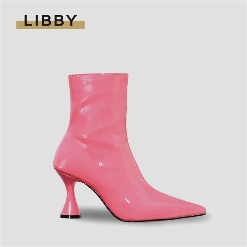 

Boots Women Ankle Patent Leather Fashion Thin High Heels Candy Color Shoes Pointed Toe Side Zipper Heel 221006, Black