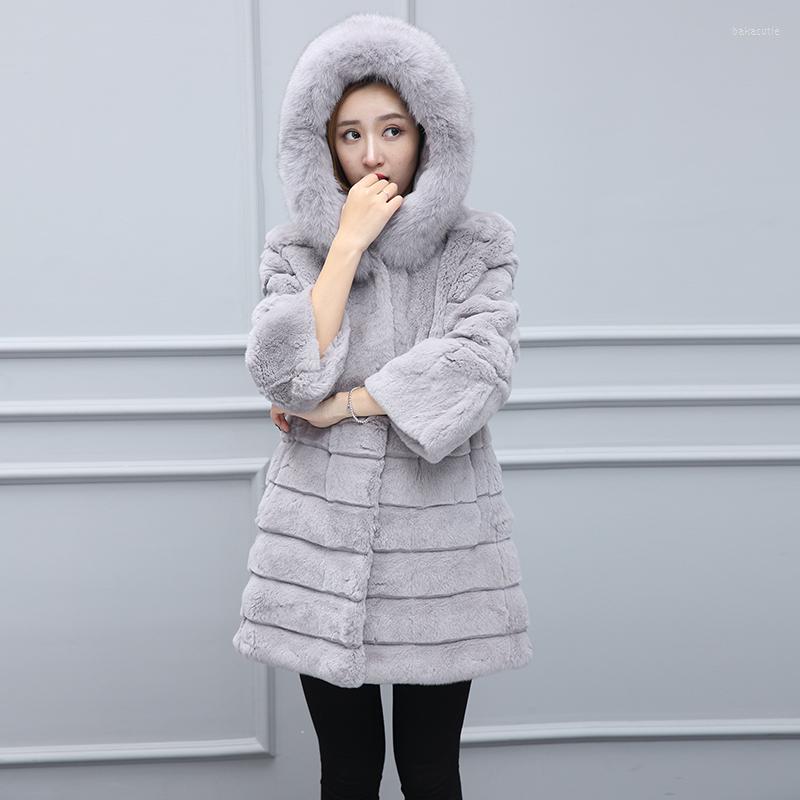 

Women's Fur Real Collar Hooded Natural Rex Coats Outerwear Women Wave Cut Whole Skin Jackets Plus Size S, Black