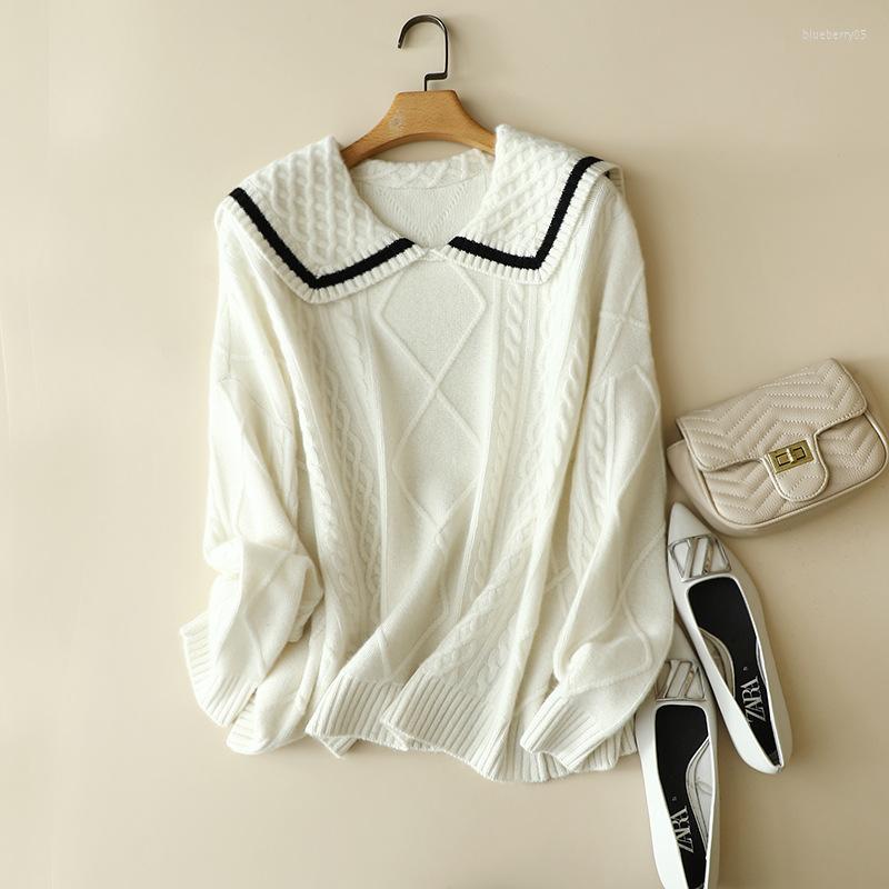 

Women's Sweaters Winter Cashmere Oversized Cable Knitted Sweater Knitwear Women's Sailor Collar Europe Trendy Jumper Tops, Ivory