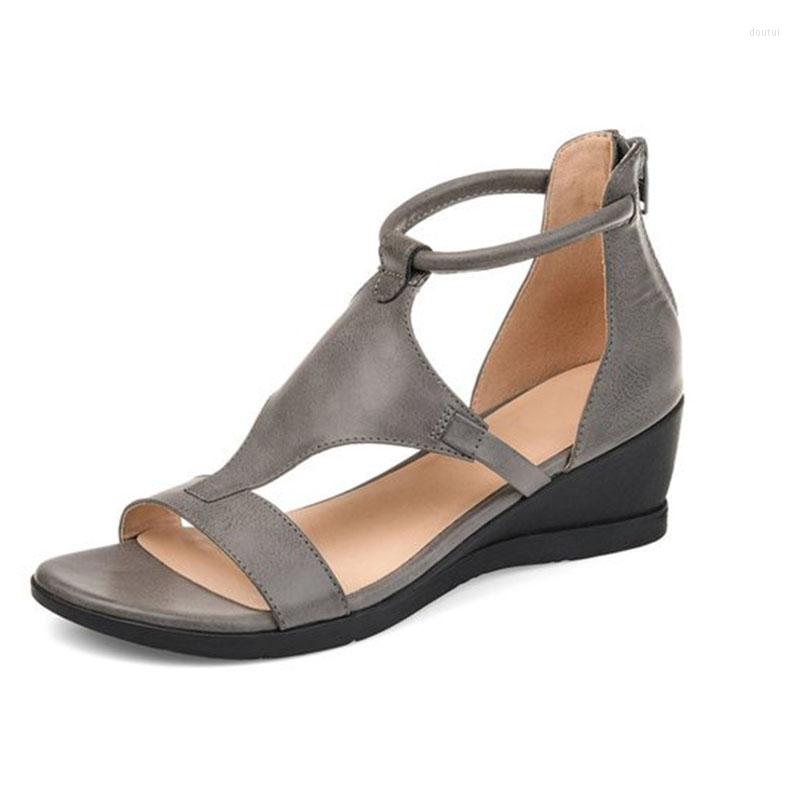 

Dress Shoes Style Ladies Zipper Sandals Mid-heel High-heel Summer Slope Heel Retro PU Leather Women's Open Toe, Black