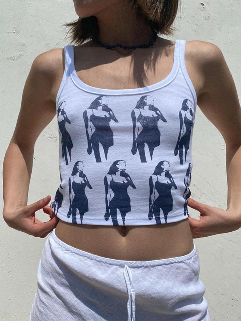 

Women' Tanks Combhasaki Womens E-Girl Grunge Crop Tops Summer Fitted Vest White Portrait Print O Neck Sleeveless Casual Tank For Females