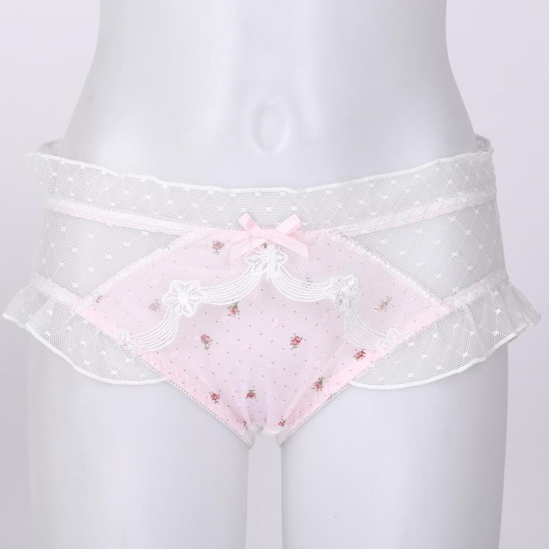 

Women's Panties Women Sexy Floral Print Low Waist Patchwork Briefs Lingerie Lace Trim Ruffled See-Through Mesh Back Underpants Underwear, White