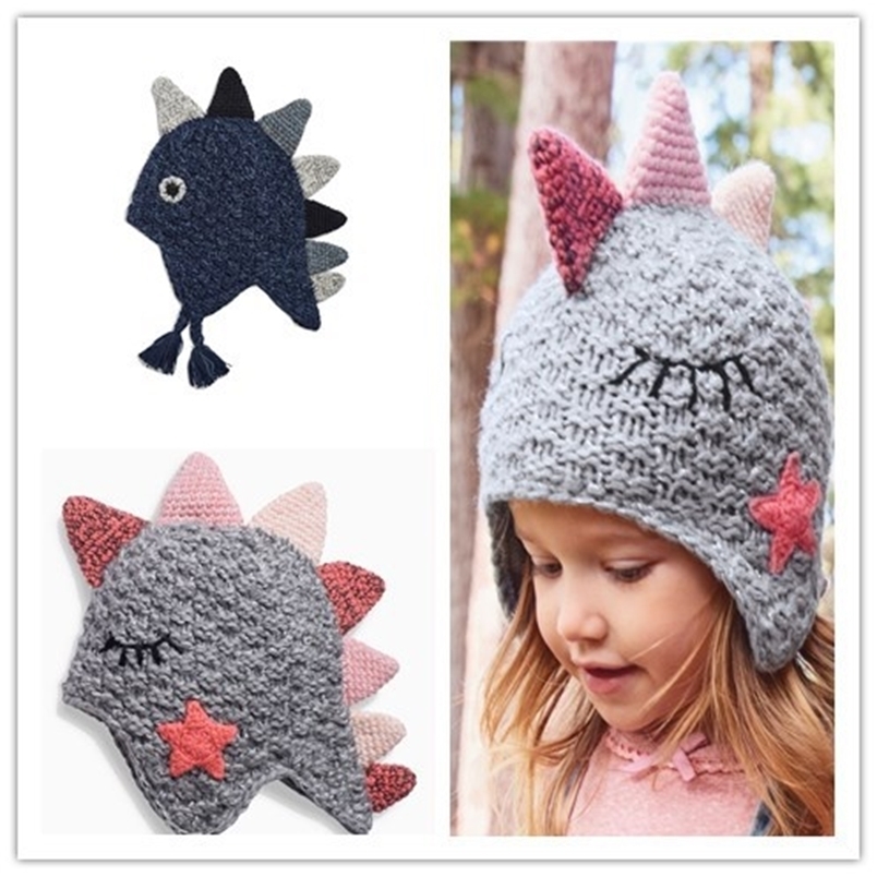 

Caps Hats Style Autumn Winter Children's Knitted Hat Hand-Woven Ear Protection Baby Children's Girls and Boys Little Dinosaur Hat 221006