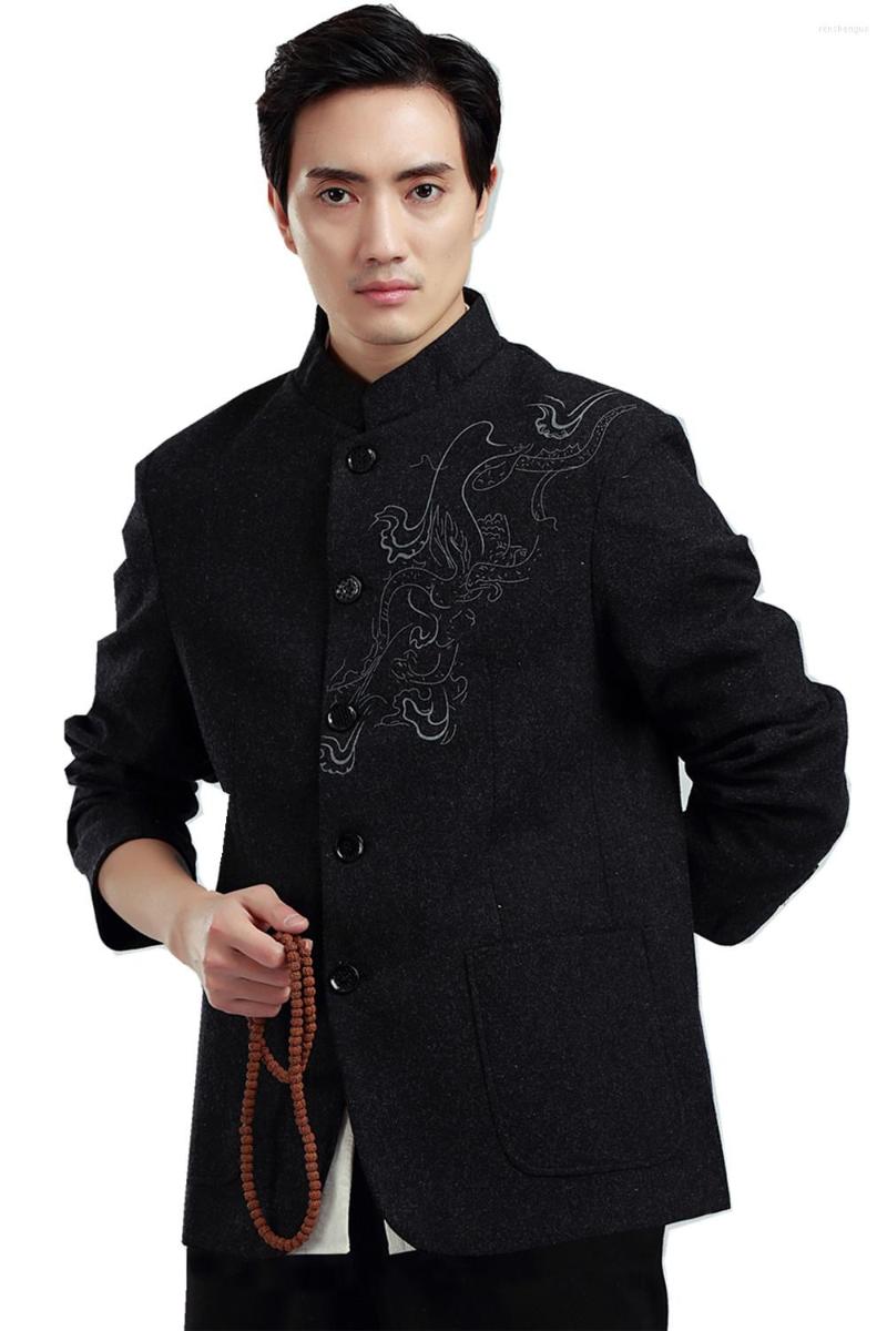 

Ethnic Clothing Shanghai Story Chinese Traditional Tang Suit Mandarin Collar Blend Wool Fabric Dragon Embroidery Men's Jacket