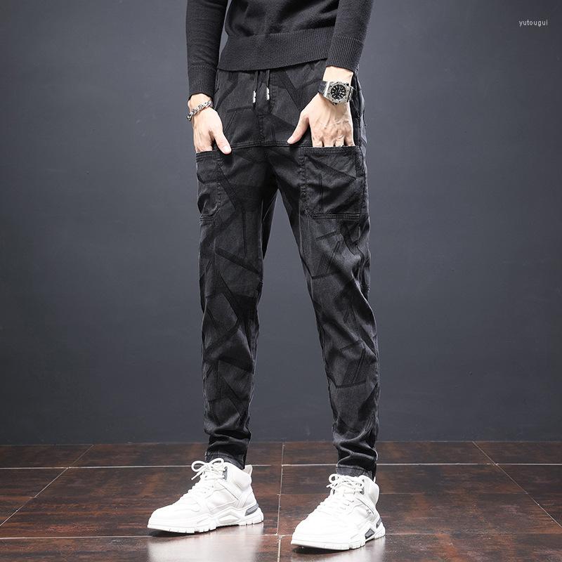 

Men' Pants Men' Fashion Multi-pocket Jacquard Casual Jeans 2022 Spring And Autumn Elastic Waist Work Clothes Jogging Men, Black