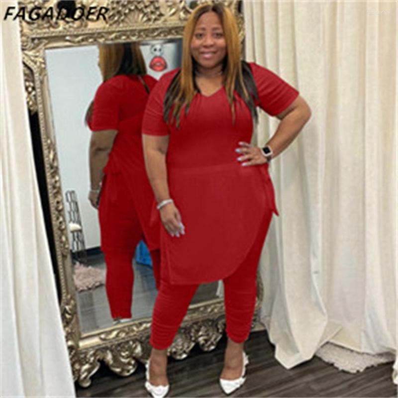 

Tracksuits FAGADOER Solid Casual Two Piece Set Short Sleeve Long Side Drawstring Summer Tops Pants Fashion Tracksuit 2pcs Outfits, Red