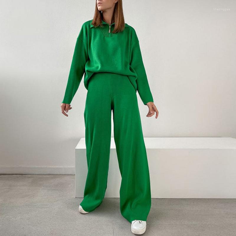 

Women' Two Piece Pants Women Suit Autumn Winter Lady Set Knitted Turn-down Collar Zippers Pullover Loose Drop Shoulder Sweater Wide Leg, Green top m03