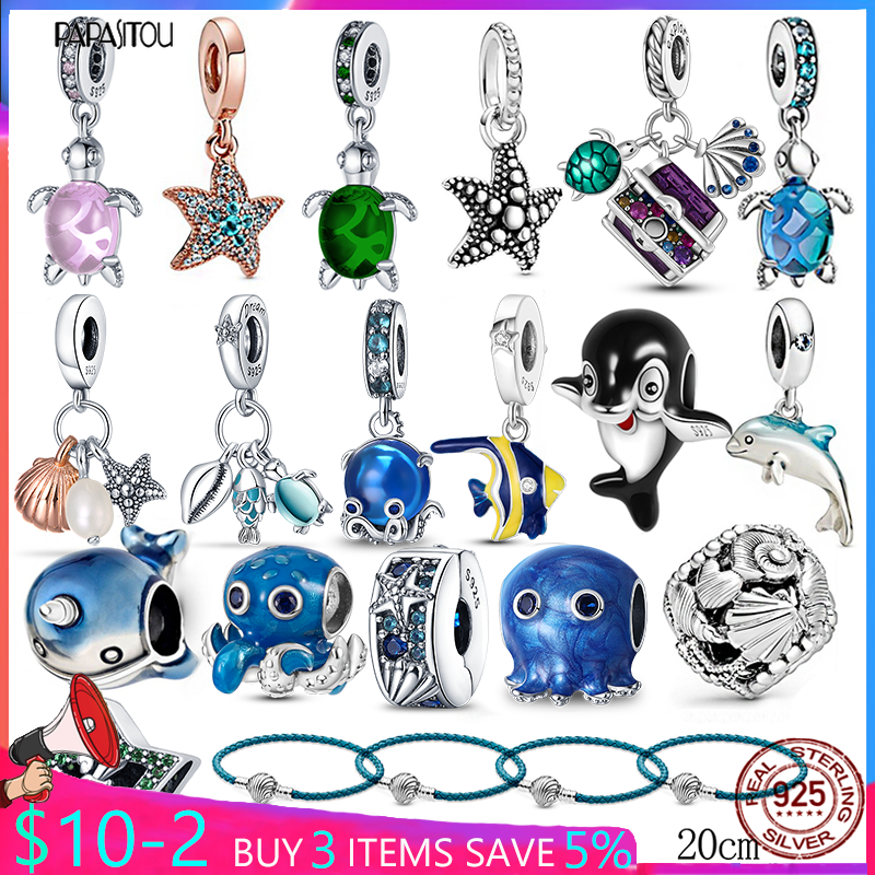 

925 Sterling Silver Dangle Charm Women Beads High Quality Jewelry Gift Wholesale Ocean Series Starfish Dolphin Bead Fit Pandora Bracelet DIY