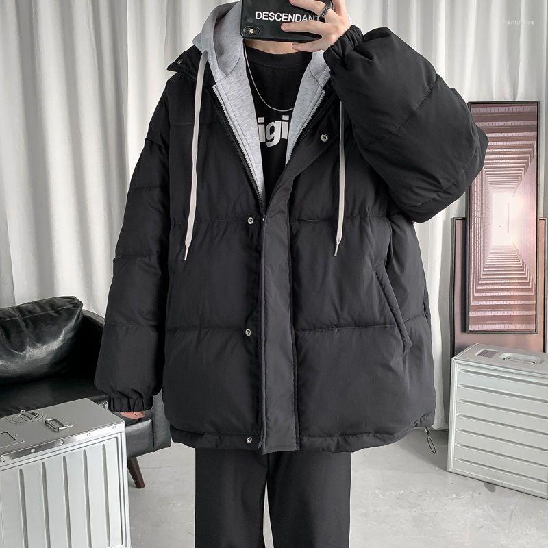 

Men's Down Hooded Padded Jacket Male Korea Hong Kong Style Casual Loose 2022 Winter Trend Preppy Fake Two-piece Thicken Coats, Black