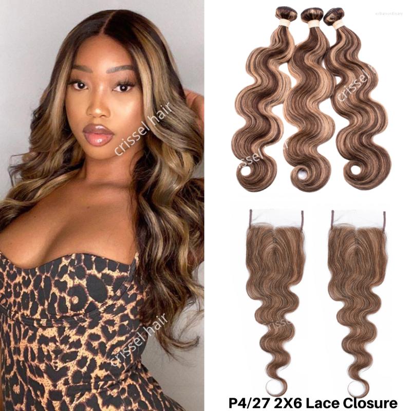 

Human Hair Bulks Crissel Highlight Brazilian Body Wave Bundles With 2x6 Closure Remy Brown