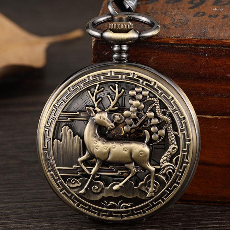 

Pocket Watches Vintage Bronze Deer Mechanical Watch Men Steampunk Hollow Unisex Skeleton Fob Hand Chain Necklace Black Gift, No 1