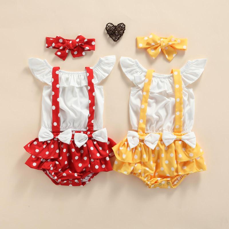 

Clothing Sets 3Pcs Baby Girls Summer Outfits Ruffle Tops Polka Dots Suspender Shorts Headband Set, Red