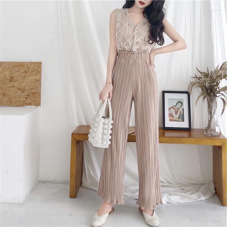 

Women' Two Piece Pants Women 2022 Summer Sets Female Lace Shirts V-neck Sleeveless Tops Elastic Waist Wide Leg Ladies Elegant 2 Suit I35, Apricot pink