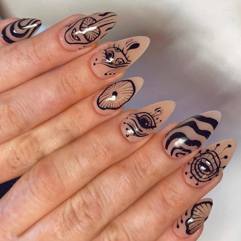 

False Nails Detachable Manicure Wearable Almond Round Nail Art Simple Press On Red French Temperament Fake With Design Wholesale, 24pcs jelly glue