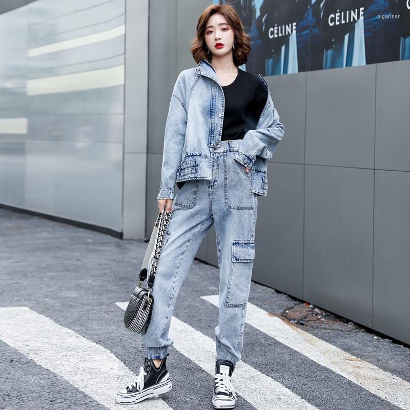 

Women's Tracksuits 2022 Spring Autumn Tooling Denim Short Jacket Korean Long Sleeve Straight Jeans Two Piece Set Female Clothes Trend H1457, Photo color