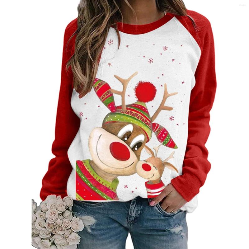 

Women' Hoodies Christmas Ladies Round Collar Hoodie Women Clothing Leisure Style Creative Elk Printing Color Matching Raglan Long Sleeve