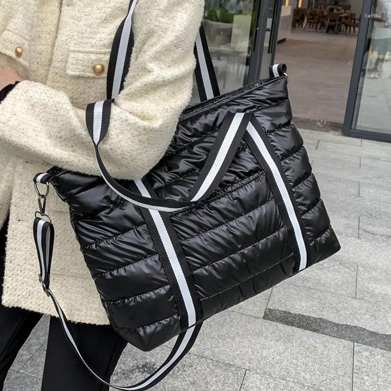 

Evening Bags Down Feather Handbags For Women Winter Large Capacity Shopper Big Quilted Shoulder Messenger Bag Lady Space Cotton Tote, Black