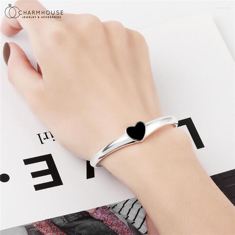 

Bangle Pure Silver Cuff Bangles For Women Black Heart Charm Bracelet & Pulseira Femme Trendy Jewelry Accessories Christmas Gifts