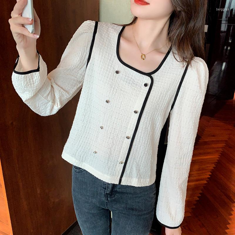 

Women' Blouses Button Up Shirts Blusas Mujer De Moda 2022 Feminina Elegantes Spring Square Collar Splicing Long-sleeved Shirt Blouse 65B, White