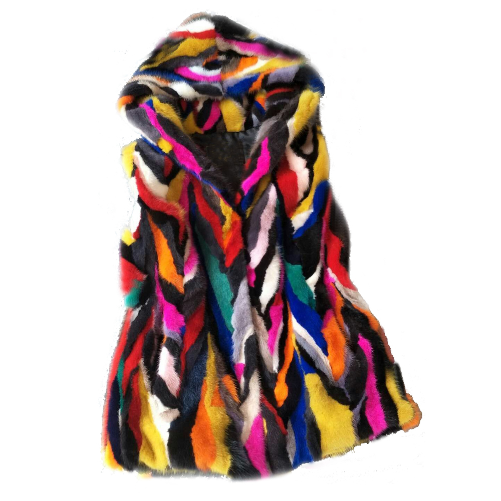 

Women's Fur Faux Mixed Color Pure Real Mink Vest Hooded Natural Genuine Multi Gilet Women Autumn Coat sr828 221006, Beige