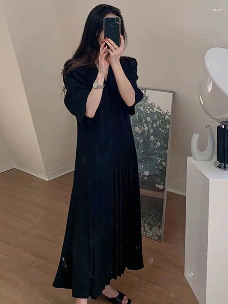 

Casual Dresses For Women V-neck Pleated White Womens Clothing Girls Style Solid Loose Dress Autumn/summer Fashion Clothes, Black